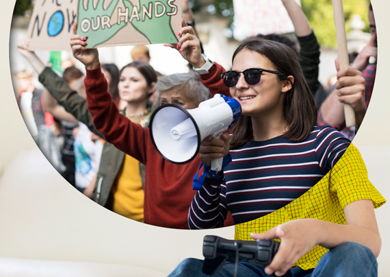 An image of a young woman in a striped is juxtaposed to an image of a body with a yellow shirt. The woman has a megaphone on her right hand and you can see a crowd of young people in the back