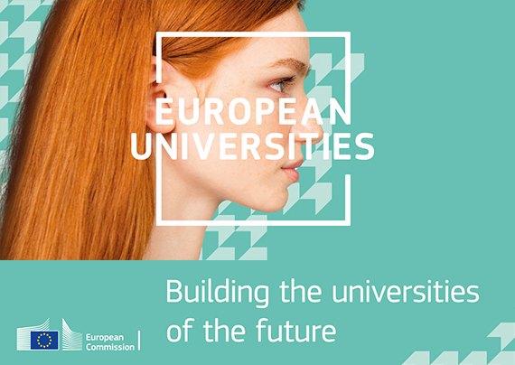 blue background with European Universities as a title. in the background a young woman's profile. She has red hair.