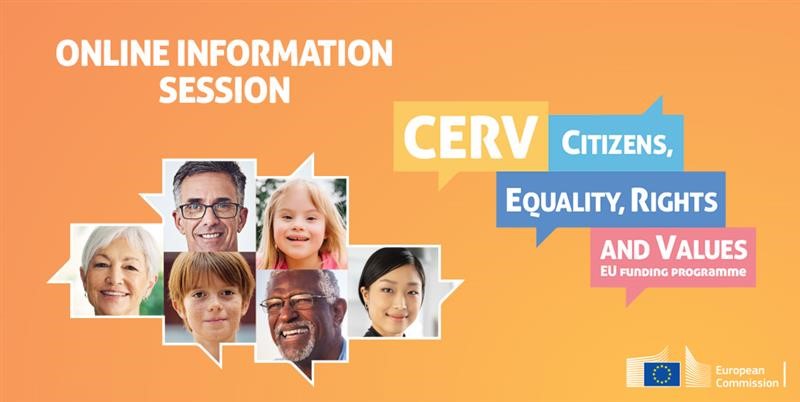 An orange background with 6 people of all ages, ethnicities and genders. Next to them the title of online information session - CERV - citizens, equality, rights and values EU funding programme