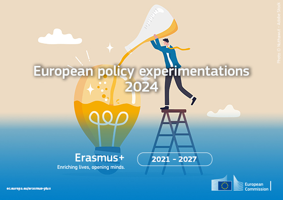 The image is titles info session: european policy experimentation. To depict it, a person is climbing a ladder and putting a potion into an open light bulb 