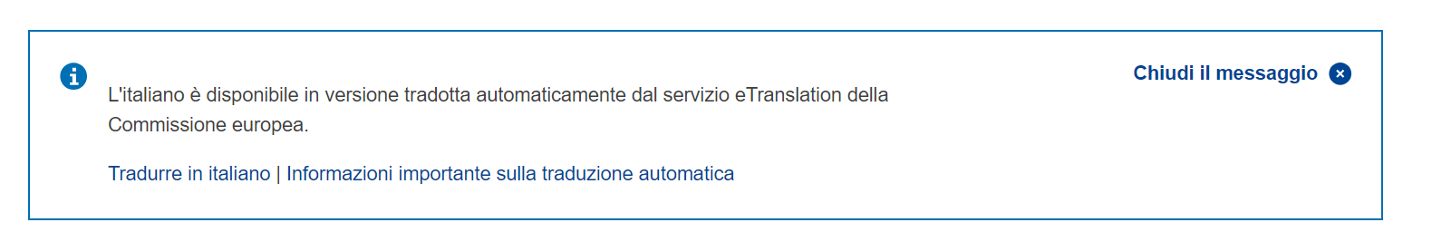 pop up message when you wish to translate into another language. The message is in Italian and informs you that the eTranslation in Italian is available