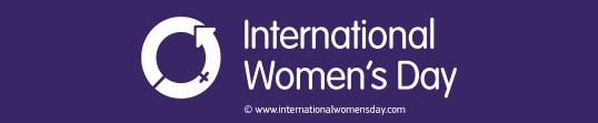 On this banner with a purple background it's written International Women's Day with its logo