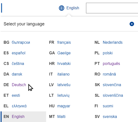 drop down menu on all languages from the machine translation tool