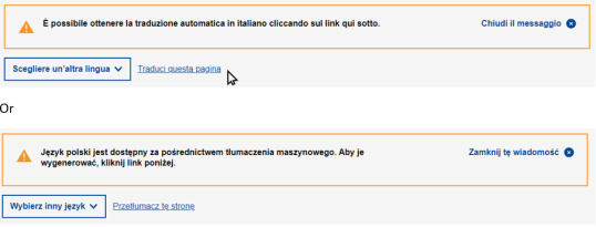 error message example in italian and polish advising to view a machine translation by clicking on a link below  