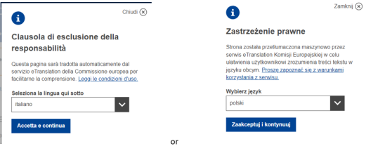 machine translation tool disclaimer message in italian and polish