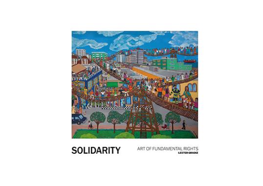 a colorful and bustling city with a lot of people connected by suspended wooden bridges above the city. the image depicts solidarity.