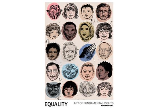 the image shows 16 faces of people of all colours, ages and genders. it also shows 2 animals, 1 flower and Earth.