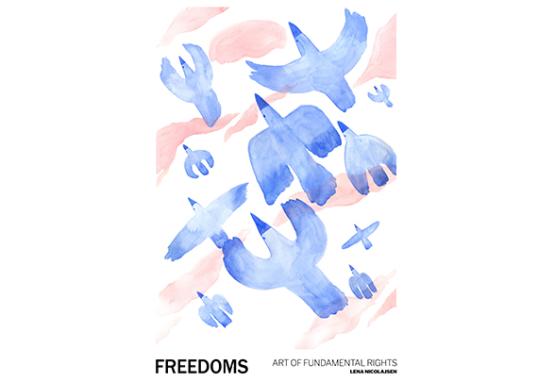 the image shows 11 blue birds flying on a white and light red sky. the image depicts freedom.