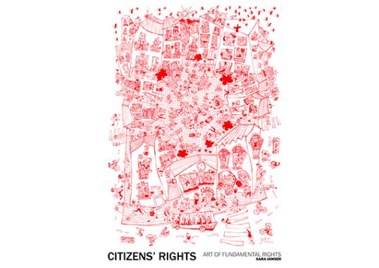 in only white and red, the drawing shows a neighbourhood made up of a few houses, a street with zebra crossing, people walking, looking our from their windows and running around. the image depicts citizens' rights