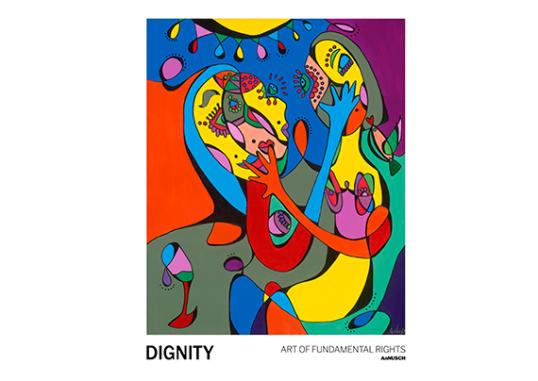 it's a colorful abstract art meant to depict dignity. You see 2 abstract people reaching out with their hands