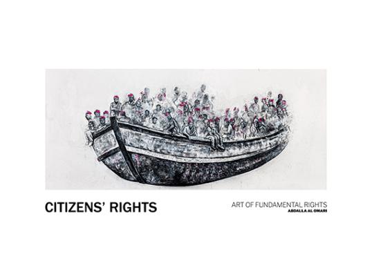 a black and white boat full of migrants with fucsia dashes of color on each head. the artist is Aboalla al omari