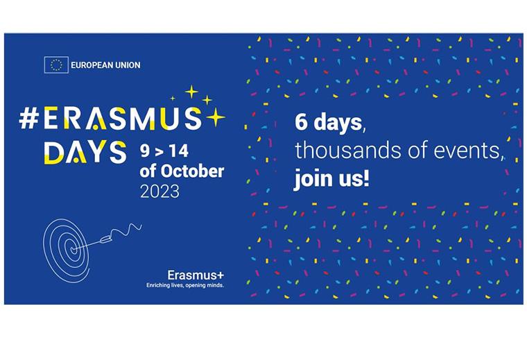 This image has a blue background with yellow, light blue, pink and red confetti on the side. The main text is the hashtag for the Erasmus days followed by the date of the event. A slogan mentioning '6 days, thousands of events' is on the right side of the image.