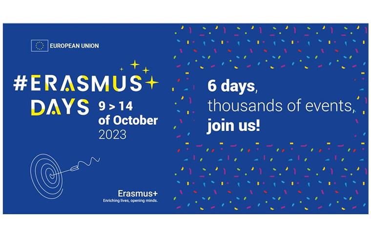 This image has a blue background with yellow, light blue, pink and red confetti on the side. The main text is the hashtag for the Erasmus days followed by the date of the event. A slogan mentioning '6 days, thousands of events' is on the right side of the image.