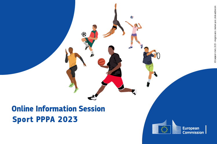 6 athletes are depicted in a pyramid and represent different sports. 2 blue half circles are on the top right corner and bottom left corner. The European Commission logo is on the bottom left corner.