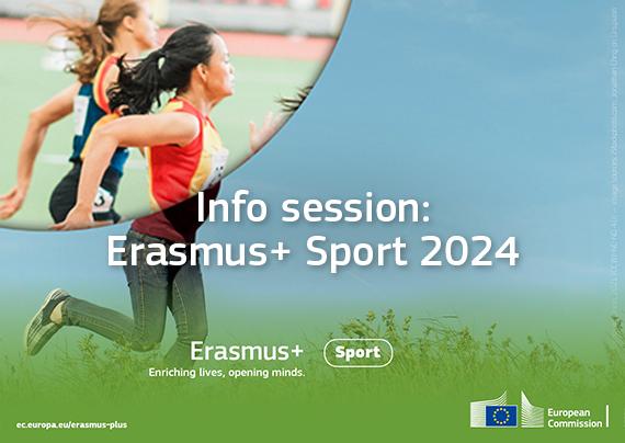 two athletic women are running on a green field. The title of the image mentions info session Erasmus+ sport 2024