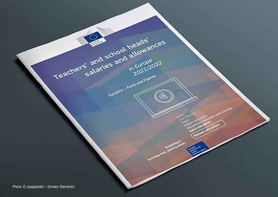 a magazine is on a black backgroung. The magazine represents the publication. Title: Teachers' and school heads' salaries and allowances in Europe 2021/2022 - Eurydice facts and figures. 