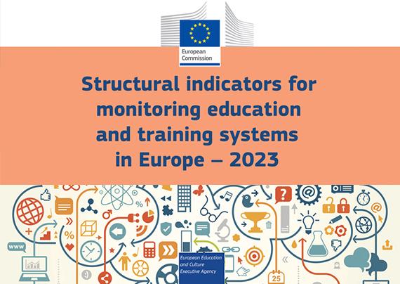 image showcasing colorful icons. There is an orange band with a title in blue saying structural indicators for monitoring education system in europe 2023