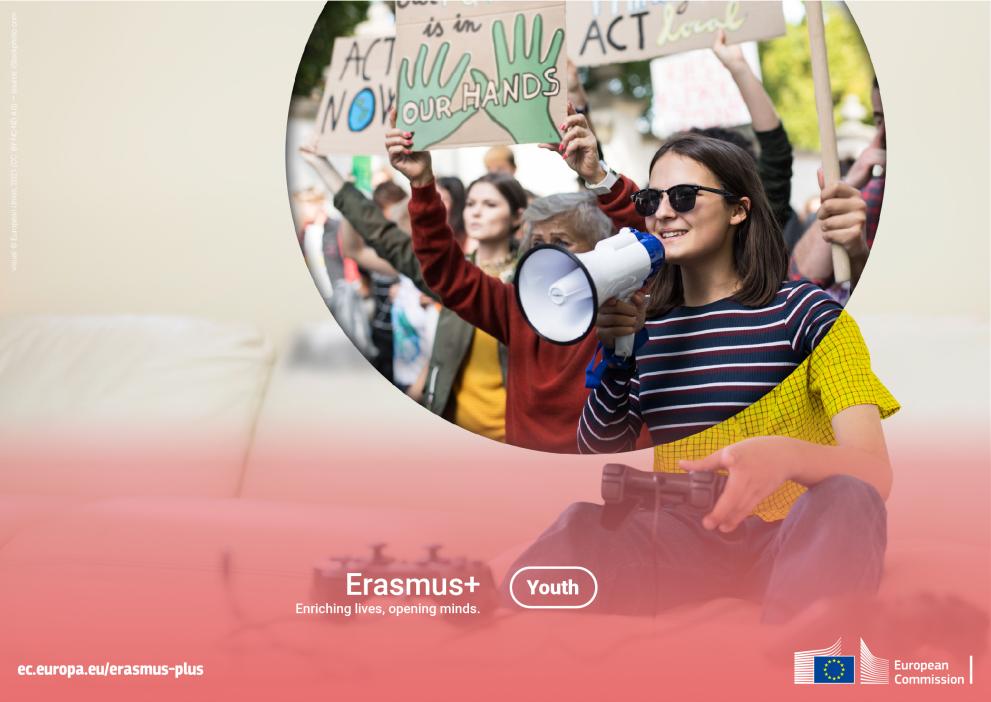 the image has 2 bubbles - one where a smiling woman with sunglasses and a striped shirt is holding a megaphone and she is surrounded by youngsters at a demonstration. it is juxtaposed to an image of someone with a yellow shirt playing video games on the floor.