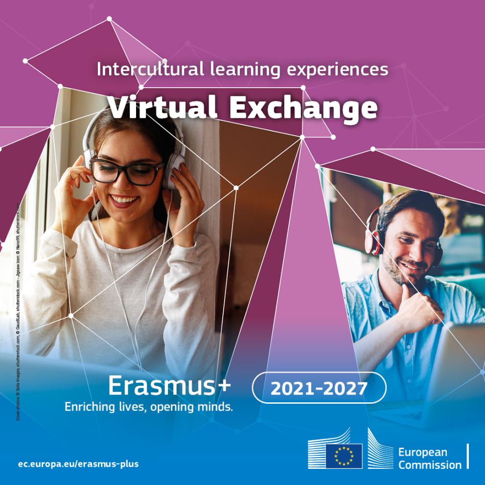 This image has a pink background with white connecting dots. Two people with a headset are show smiling in front of the PC. It shows intercultural learning experiences virtual exchange