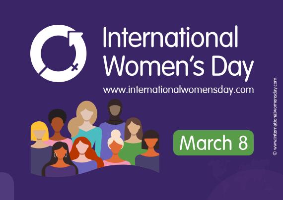 this image depicts on a purple background 9 women on different ethnicities and age groups. The tile is International Women's Day 8 March