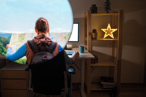 a girl is seen from behind sitting on a desk with a circle overlapping showing she is out side exploring at the same time. 