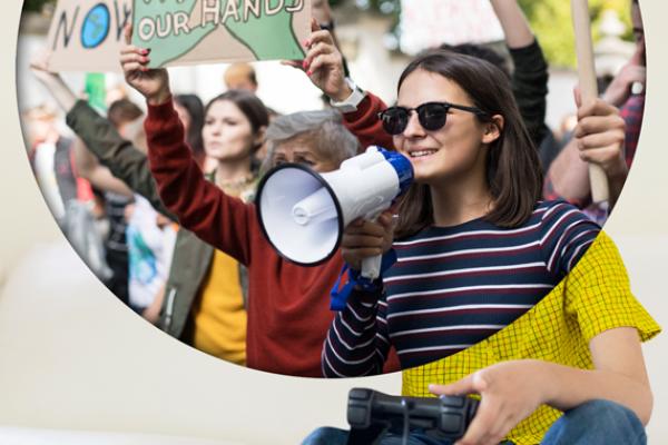 An image of a young woman in a striped is juxtaposed to an image of a body with a yellow shirt. The woman has a megaphone on her right hand and you can see a crowd of young people in the back