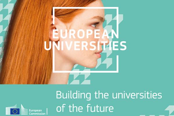 blue background with European Universities as a title. in the background a young woman's profile. She has red hair.