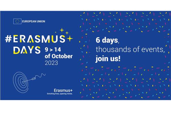 This image has a blue background with yellow, light blue, pink and red confetti on the side. The main text is the hashtag for the Erasmus days followed by the date of the event. A slogan mentioning '6 days, thousands of events' is on the right side of the image.