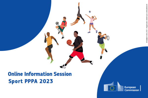 6 athletes are depicted in a pyramid and represent different sports. 2 blue half circles are on the top right corner and bottom left corner. The European Commission logo is on the bottom left corner.