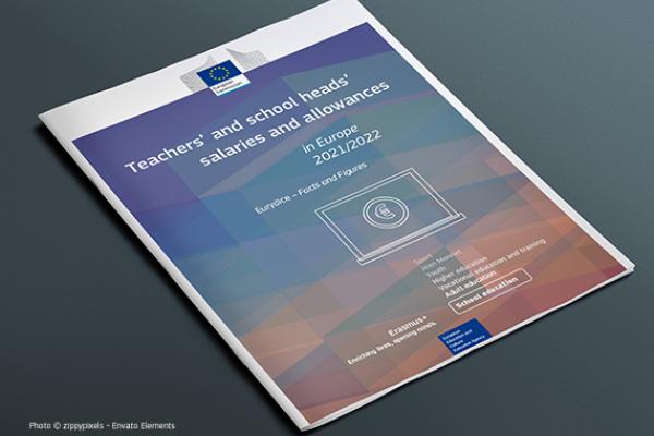 a magazine is on a black backgroung. The magazine represents the publication. Title: Teachers' and school heads' salaries and allowances in Europe 2021/2022 - Eurydice facts and figures. 