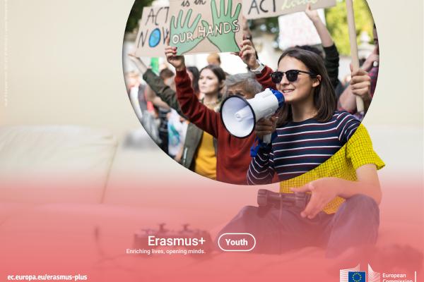 the image has 2 bubbles - one where a smiling woman with sunglasses and a striped shirt is holding a megaphone and she is surrounded by youngsters at a demonstration. it is juxtaposed to an image of someone with a yellow shirt playing video games on the floor.