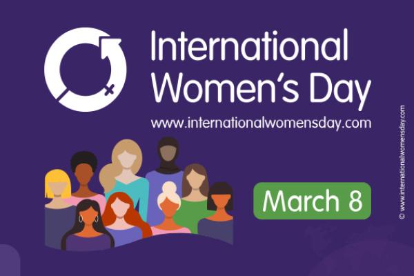 this image depicts on a purple background 9 women on different ethnicities and age groups. The tile is International Women's Day 8 March